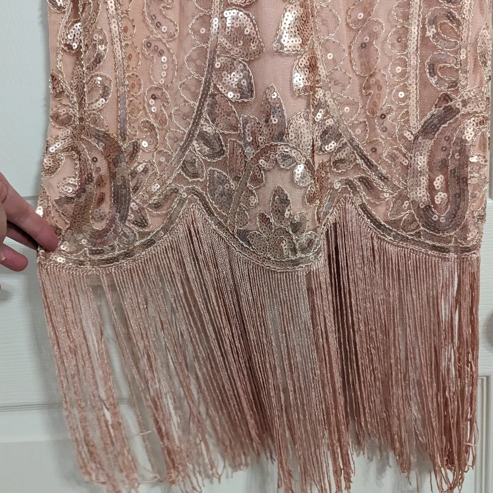 Kayamiya rose gold blush flapper dress sequin fringe size small (read condition)